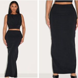 SHAPE BLACK STRETCH WOVEN HIGH WAISTED MAXI SKIRT